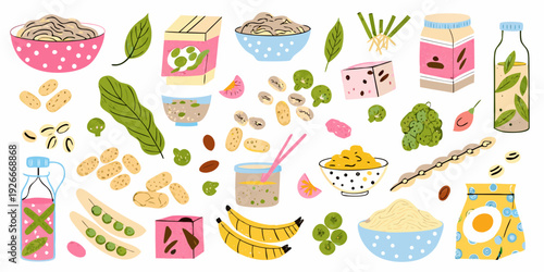 Colorful illustration of various healthy breakfast foods and plant based ingredients