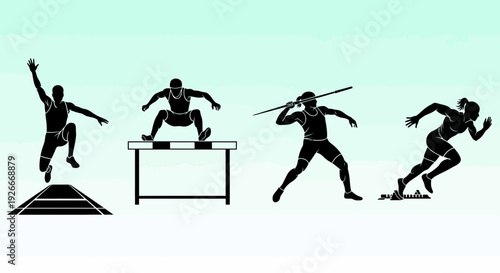 Athletic track and field athletes in action hurdles, long jump, javelin throw, and sprint start