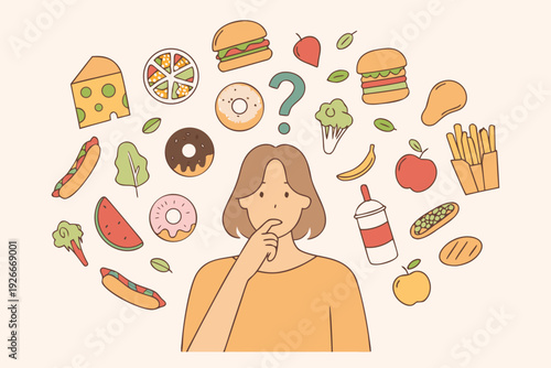 A woman contemplates a variety of food choices surrounding her head