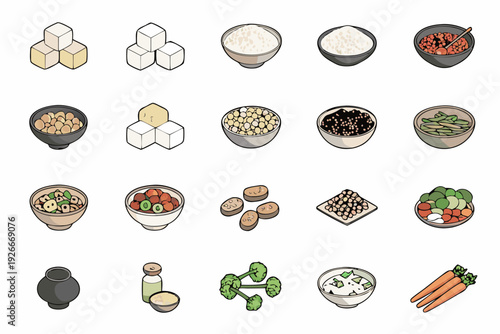 Various food items including rice sugar vegetables and seasonings