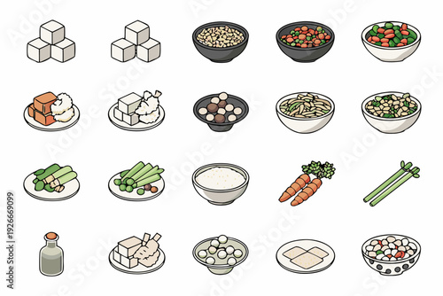 Isometric food illustrations sugar rice meat vegetables and condiments