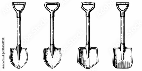 Four vintage shovels displayed in a simple illustrative black and white style