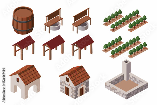 Isometric vineyard scene with wine barrels tables and rural buildings