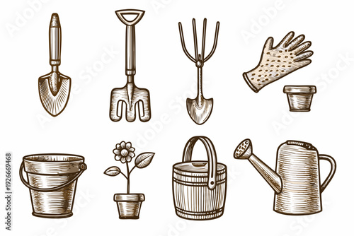 Vintage gardening tools and equipment illustrated in a sketch style