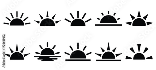 silhouette nature sun rising drawing icons and set of graphics nature elements