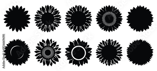 silhouette nature sunflower head drawing icons and set of graphics nature elements