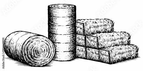 A black and white illustration of stacked and loose hay bales