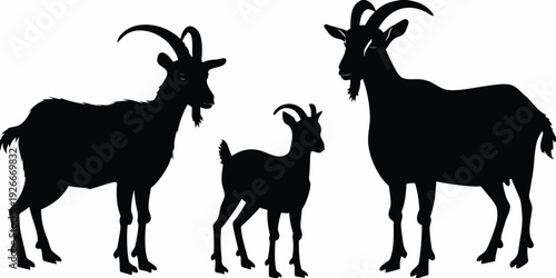 Silhouette illustration of a family of three goats standing together