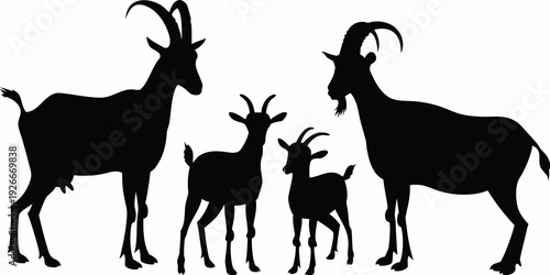 Silhouette of a family of ibex goats against a white background