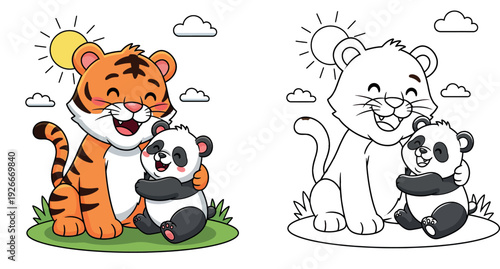 Cute cartoon tiger hugging a little panda bear on green grass. Happy wild animal best friends sitting together under the sun vector illustration for children.