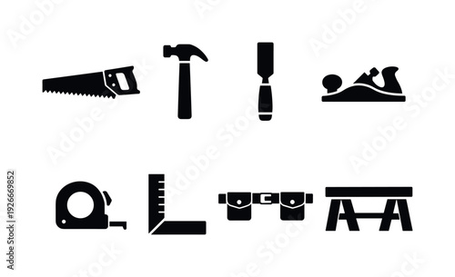 Carpentry hand tools: hand saw, claw hammer, wood chisel, block plane, tape measure, carpenter square, tool belt, workbench