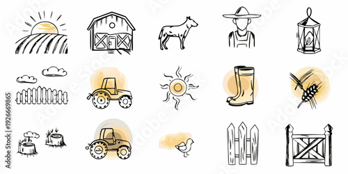 A collection of hand drawn farm icons including animals buildings and tools