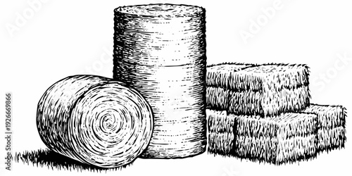 Sketch of stacked and rolled hay bales in a rural setting