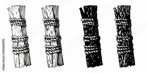 Bundles of wooden sticks tied with rope in varying shades
