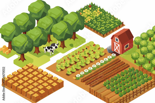 Isometric farm illustration featuring crops barn and grazing cow