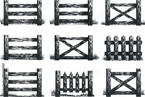 A collection of six black and white sketches depicting various fence designs