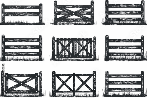 A collection of six hand drawn wooden fence gate illustrations