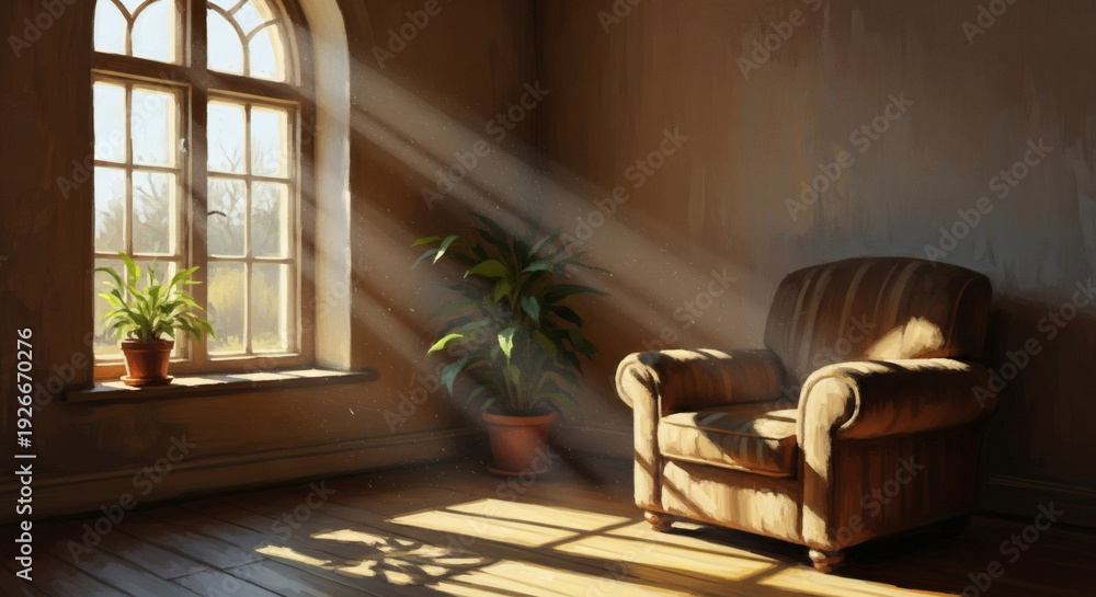 Fototapeta premium Cozy and Warm Interior Scene with Sunlit Window and Comfortable Chair