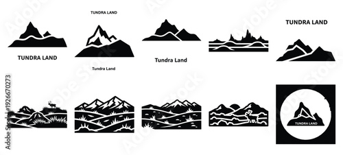 silhouette nature tundra land drawing icons and set of graphics nature elements
