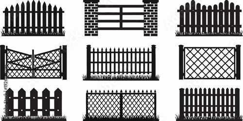 Collection of various black gate and fence silhouettes on white background