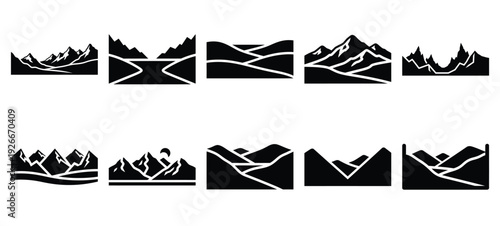 silhouette nature valley horizon drawing icons and set of graphics nature elements