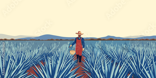 A lone farmer stands in a vibrant blue agave field with mountains