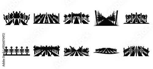 silhouette nature vineyard row drawing icons and set of graphics nature elements