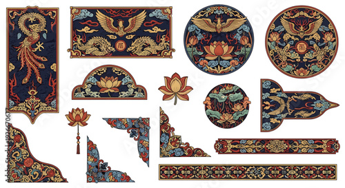 Traditional Asian Vector Decorative Elements Set with Mythical Creatures and Lotus Flowers. Ornate Borders, Emblems, and Patterns for Cultural Graphic Design Projects