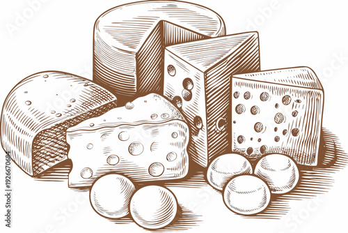 A vintage illustration depicting various types of swiss and round cheeses