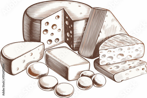 An assortment of various cheeses including swiss with grapes and walnuts