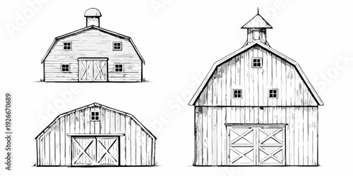 Detailed sketch of three different barn structures in black and white