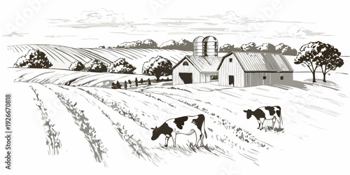 A vintage sketch depicts a peaceful rural farm scene with cows grazing