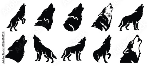 silhouette nature wolf howl drawing icons and set of graphics nature elements