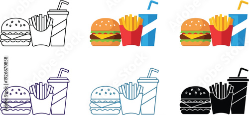Three different style variations of a combo meal featuring a cheeseburger, french fries, and a soft drink are shown side-by-side.