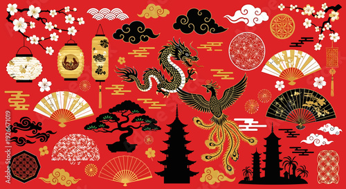 Exquisite East Asian Cultural Elements Collection Dragons, Phoenixes, Pagodas, Fans, Lanterns, and Cherry Blossoms for Festive Design and Decoration