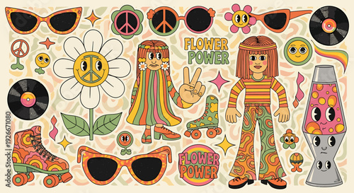 Vibrant 60s and 70s Retro Psychedelic Design Elements Collection with Groovy Hippie Characters and Iconic Vintage Motifs for Nostalgic Projects