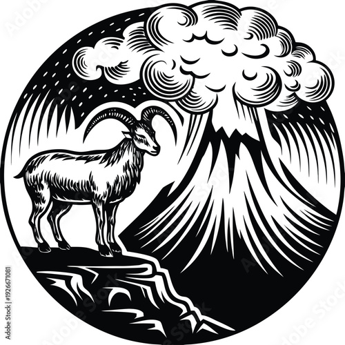 Vector illustration of a goat standing on a cliff with a volcano erupting in the background