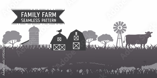 Black and white farm scene with buildings animals and a windmill