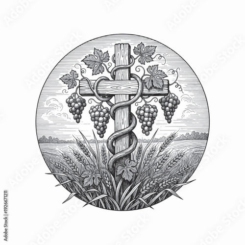 Christian cross with grapes and wheat laser engraving design, vintage woodcut vector illustration, detailed hand drawn ink line art eucharist symbol in circular badge for CNC engraving