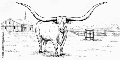 A longhorn steer stands in a rural landscape with barn and barrel