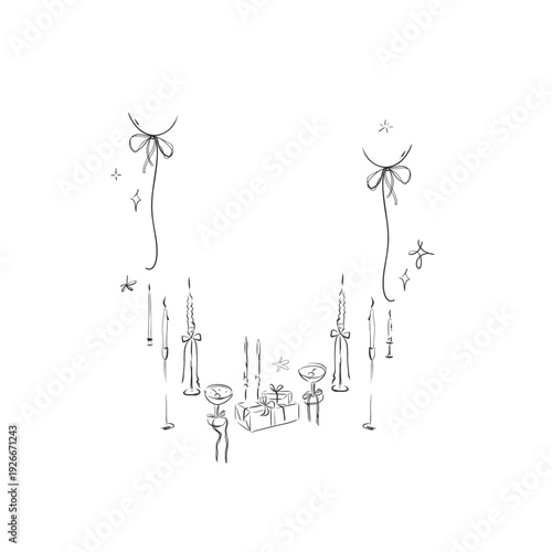 Hand drawn vector abstract outline,graphic,line vintage celebration ornament party frame in drawing elegant style.Elegant decoration vintage outline design isolated.Birthday,Christmas,Party frame.