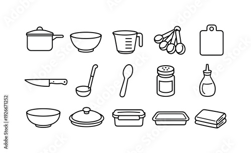 Home chickpea curry cooking tools: saucepan, mixing bowl, measuring cup, measuring spoon, cutting board, chef knife, ladle, wooden spoon, spice jar