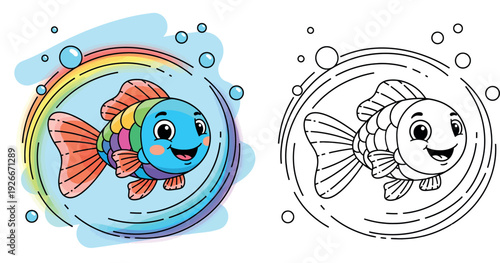 Cute rainbow fish cartoon vector illustration. Happy colorful underwater animal character inside water bubbles. Funny aquatic mascot design for kids, sticker, and nursery print.