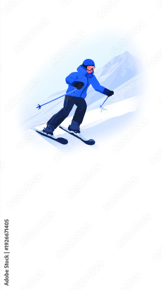Obraz premium a person skiing down a mountain, a vector flat illustration style with a blue and white color scheme, a simple background 