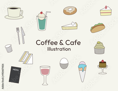 カフェやレストランのシンプルなイラストセット