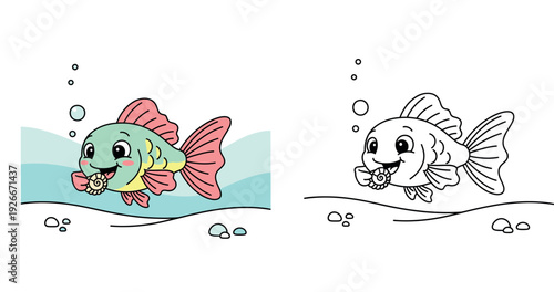 Cute cartoon fish holding a seashell vector illustration. Happy green underwater animal character with pink fins. Funny aquatic mascot design for kids, sticker, and nursery print.