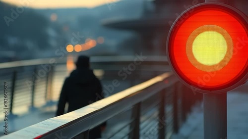 Wallpaper Mural A person walks along a bridge at dusk with a prominent illuminated red and yellow light in focus Torontodigital.ca