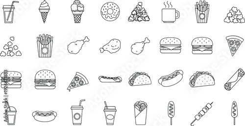 A large collection of various fast food items is displayed in simple outline icon style for digital design projects.