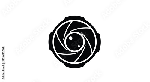 Camera aperture design in black and white circular graphic silhouette