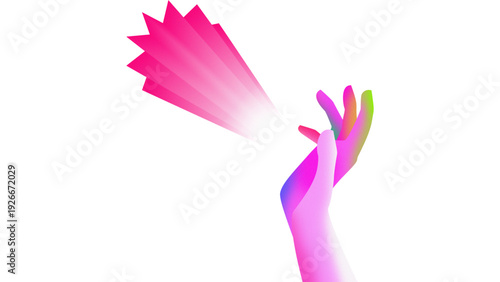 A hand reaching up with fingers extended, surrounded by vibrant pink splashes, in a dynamic gesture, showcasing people in action, from a close-up viewpoint.